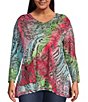 Color:Lime Multi - Image 1 - Plus Size Jacquard Tie Dyed Knit V-Neck 3/4 Bell Sleeve Tunic