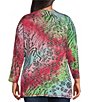 Color:Lime Multi - Image 2 - Plus Size Jacquard Tie Dyed Knit V-Neck 3/4 Bell Sleeve Tunic