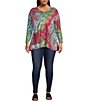 Color:Lime Multi - Image 3 - Plus Size Jacquard Tie Dyed Knit V-Neck 3/4 Bell Sleeve Tunic