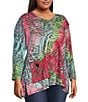 Color:Lime Multi - Image 4 - Plus Size Jacquard Tie Dyed Knit V-Neck 3/4 Bell Sleeve Tunic