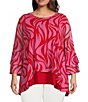 Color:Red/Pink - Image 1 - Plus Size Mesh Knit Abstract Print Scoop Neck Long Sleeve Top