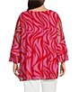 Color:Red/Pink - Image 2 - Plus Size Mesh Knit Abstract Print Scoop Neck Long Sleeve Top