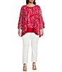 Color:Red/Pink - Image 3 - Plus Size Mesh Knit Abstract Print Scoop Neck Long Sleeve Top