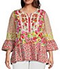 Color:Red Multi - Image 1 - Plus Size Patchwork Embroidery Split-V Neck 3/4 Sleeve Pullover Blouse