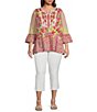 Color:Red Multi - Image 3 - Plus Size Patchwork Embroidery Split-V Neck 3/4 Sleeve Pullover Blouse