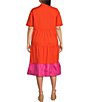 Color:Orange/Red - Image 2 - Plus Size Point Collar Short Sleeve Tiered Color Block Dress