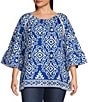 Color:Blue/White - Image 1 - Plus Size Scoop Neck 3/4 Sleeve Pullover Blouse