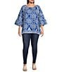 Color:Blue/White - Image 3 - Plus Size Scoop Neck 3/4 Sleeve Pullover Blouse