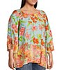 Color:Coral Multi - Image 3 - Plus Size Size Floral Print Scoop Neck 3/4 Tiered Sleeve Tunic