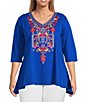 Color:Blue Multi - Image 1 - Plus Size Stretch Woven Embroidered V-Neck 3/4 Sleeve A-Line Tunic