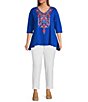 Color:Blue Multi - Image 3 - Plus Size Stretch Woven Embroidered V-Neck 3/4 Sleeve A-Line Tunic