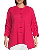 Color:Coral - Image 1 - Plus Size Textured Crinkle Knit Banded Collar 3/4 Sleeve Button Front Tunic