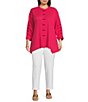 Color:Coral - Image 3 - Plus Size Textured Crinkle Knit Banded Collar 3/4 Sleeve Button Front Tunic