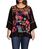 Color:Black Multi - Image 1 - Plus Size Tie-Dye Woven Embroidered Detail Patchwork Print 3/4 Sleeve Tunic