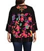 Color:Black Multi - Image 2 - Plus Size Tie-Dye Woven Embroidered Detail Patchwork Print 3/4 Sleeve Tunic