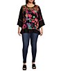 Color:Black Multi - Image 3 - Plus Size Tie-Dye Woven Embroidered Detail Patchwork Print 3/4 Sleeve Tunic