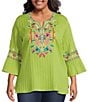 Color:Lime Multi - Image 1 - Plus Size Woven Embroidered Split Round Neck 3/4 Ruffle Sleeve Tunic