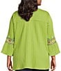 Color:Lime Multi - Image 2 - Plus Size Woven Embroidered Split Round Neck 3/4 Ruffle Sleeve Tunic