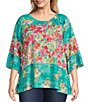 Color:Pink Multi - Image 1 - Plus Size Woven Garden Floral Print Scoop Neck 3/4 Sleeve Peasant Tunic