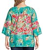 Color:Pink Multi - Image 2 - Plus Size Woven Garden Floral Print Scoop Neck 3/4 Sleeve Peasant Tunic
