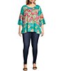 Color:Pink Multi - Image 3 - Plus Size Woven Garden Floral Print Scoop Neck 3/4 Sleeve Peasant Tunic
