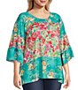 Color:Pink Multi - Image 4 - Plus Size Woven Garden Floral Print Scoop Neck 3/4 Sleeve Peasant Tunic