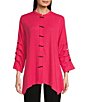 Color:Coral - Image 1 - Textured Crinkle Knit Banded Collar 3/4 Sleeve Button Front Tunic