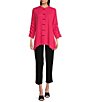 Color:Coral - Image 3 - Textured Crinkle Knit Banded Collar 3/4 Sleeve Button Front Tunic