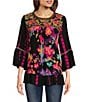 Color:Black Multi - Image 1 - Tie Dye Woven Embroidered Detail Patchwork Print 3/4 Sleeve Tunic