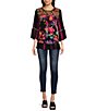 Color:Black Multi - Image 3 - Tie Dye Woven Embroidered Detail Patchwork Print 3/4 Sleeve Tunic