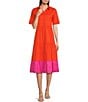 Color:Orange/Red - Image 1 - Tiered Point Collar Elbow Sleeve Color Block Dress