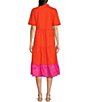 Color:Orange/Red - Image 2 - Tiered Point Collar Elbow Sleeve Color Block Dress