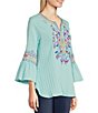 Color:Aqua Multi - Image 4 - Woven Embroidered Textured Split V-Neck 3/4 Bell Sleeve Tunic