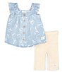 Color:Assorted - Image 3 - Baby Girls 12-24 Months Flutter Sleeve Woven Denim Dress & Solid Slub Rib-Knit Leggings Set