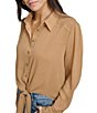 Color:Luggage - Image 4 - Collared Neckline Long Sleeve Tie Front Blouse