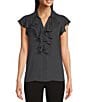 Color:Charcoal - Image 1 - Georgette Point Collar V-Neck Short Sleeve Ruffled Button Front Blouse