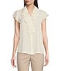 Color:Pristine - Image 1 - Georgette Point Collar V-Neck Short Sleeve Ruffled Button Front Blouse