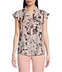 Color:Silver Pink - Image 1 - Petite Size Floral Print Collared Ruffle Front Cap Sleeve Woven Top