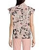 Color:Silver Pink - Image 2 - Petite Size Floral Print Collared Ruffle Front Cap Sleeve Woven Top