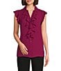 Color:Mulberry - Image 1 - Petite Size Point Collar V-Neck Ruffle Front Cap Sleeve Woven Top
