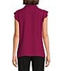 Color:Mulberry - Image 2 - Petite Size Point Collar V-Neck Ruffle Front Cap Sleeve Woven Top