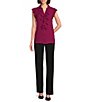 Color:Mulberry - Image 3 - Petite Size Point Collar V-Neck Ruffle Front Cap Sleeve Woven Top