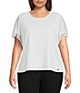 Color:Soft White - Image 1 - Plus Size Knit Round Neck Mesh Ruffle Short Sleeve Top