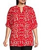 Color:Flame Scarlet Multi - Image 1 - Plus Size Abstract Print Y-Neck Long Roll-Tab Sleeve Button Front Top