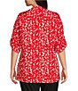 Color:Flame Scarlet Multi - Image 2 - Plus Size Abstract Print Y-Neck Long Roll-Tab Sleeve Button Front Top
