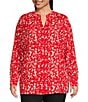 Color:Flame Scarlet Multi - Image 3 - Plus Size Abstract Print Y-Neck Long Roll-Tab Sleeve Button Front Top