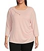 Color:Silver Pink - Image 1 - Plus Size Stretch Crepe Crew Neck Staple Hardware Cut Out Detail Cap Sleeve Top