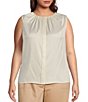 Color:Pristine - Image 1 - Plus Size Woven Pleated Crew Neck Sleeveless Button Front Top