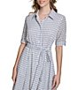 Color:Soft White Twilight Multi - Image 3 - Point Collar Short Sleeve Tie Waist Midi Shirt Dress