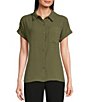 Color:Caper - Image 1 - Puckered Woven Short Cuffed Sleeve Button Front Point Collar Top